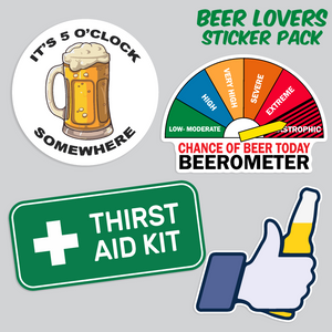 Collection of beer-themed stickers including a mug, thermometer, sign, and hand with a beer.