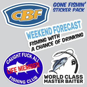 Gone Fishin' sticker pack with various fishing-themed stickers on a gray background