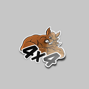 A sticker featuring a cartoon boar with a '4x4' text design, predominantly in brown and white colors.