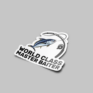 A sticker with an illustration of a fish caught on a fishing rod and the text 'WORLD CLASS MASTER BAITER'.
