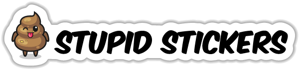 Stupid Stickers logo with emoji style poo man and the text 'stupid stickers' in black on white background