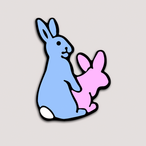 Image of two rabbits. One in light blue and the other in pink.