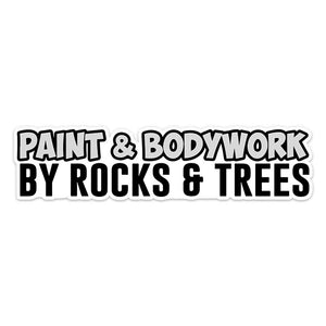 4wd sticker with text paint & bodywork in grey with black outline and underneath in black text 'by rocks & trees'