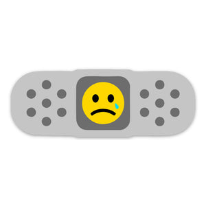 A vinyl sticker designed to resemble a bandaid with a sad face emoji in the center. Perfect for covering car scratches and dints, or putting on a laptop.