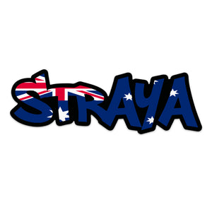 A sticker with the word 'STRAYA' designed in the colours and style of the Australian flag with black outline.