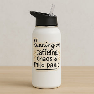 image of the 'running on caffeine, chao & mild panic' sticker on a drinkbottle