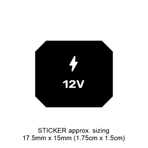 Black and white voltage indicator sticker with '12V' and lightning bolt symbol on a white background suitable to customise your switch panel