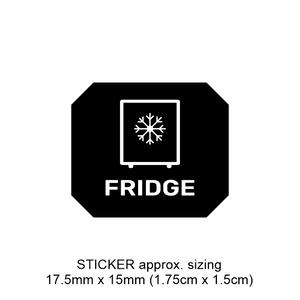Black and white sticker with 'FRIDGE' text and snowflake symbol on a white background suitable to customise your switch panel