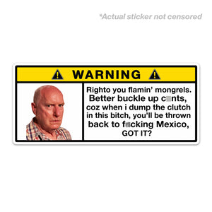 A sticker with a humorous warning label design, featuring text and alf from home and away face.