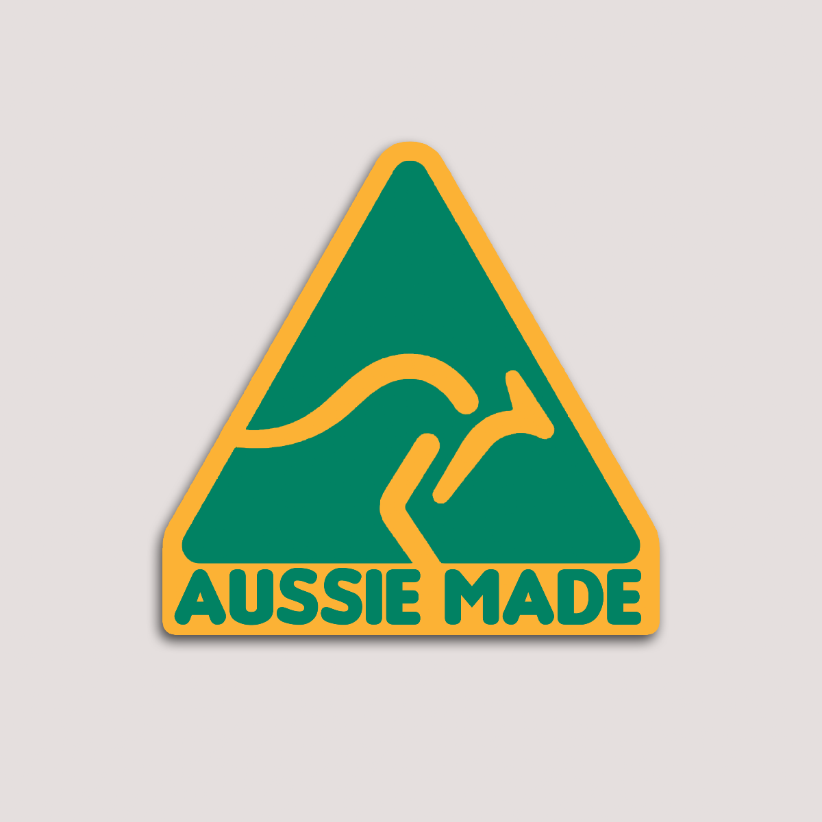 A sticker with a yellow border and green background featuring a kangaroo and the text 'AUSSIE MADE'.