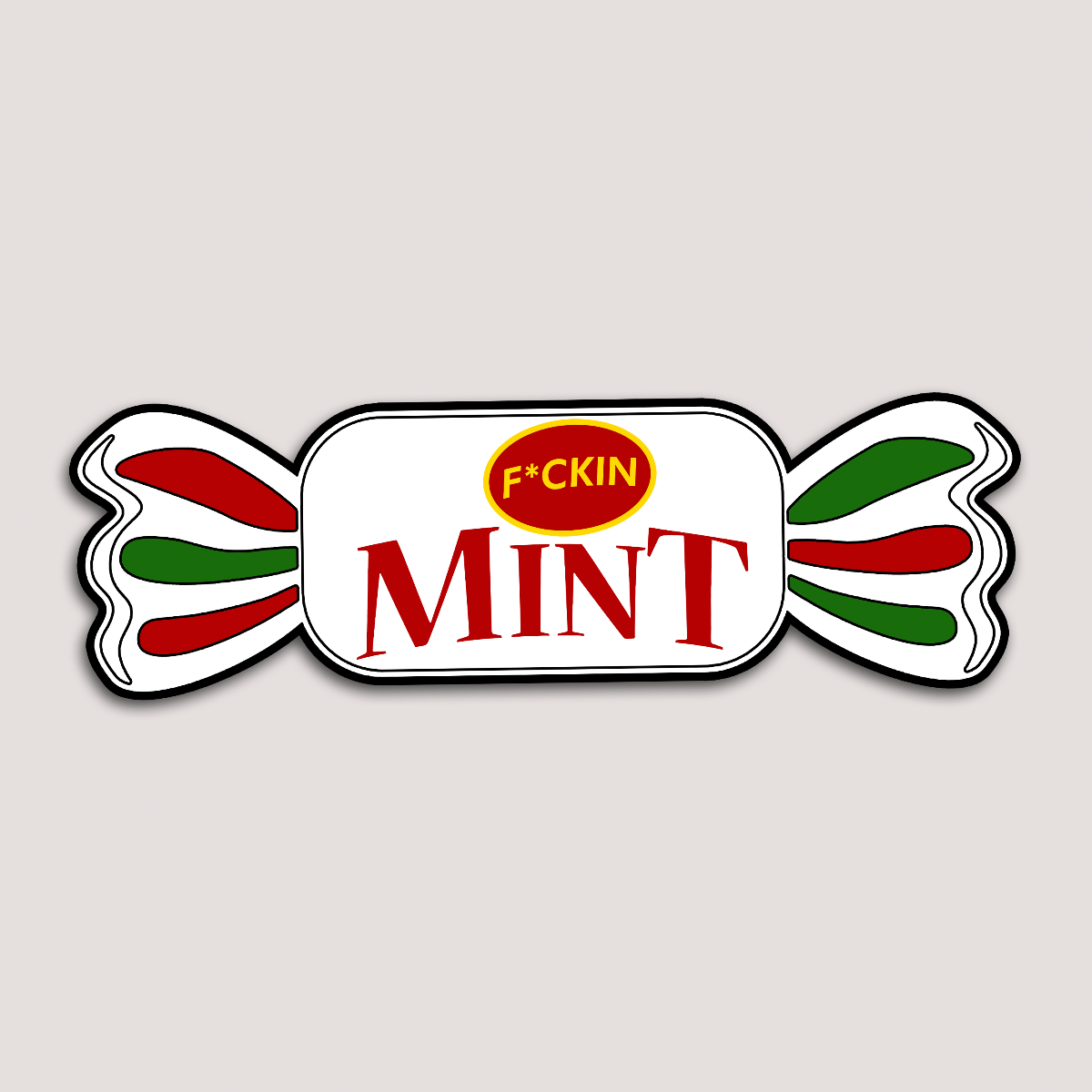 A sticker with a candy design, predominantly white, with the word 'MINT' in red letters and red and green accents.