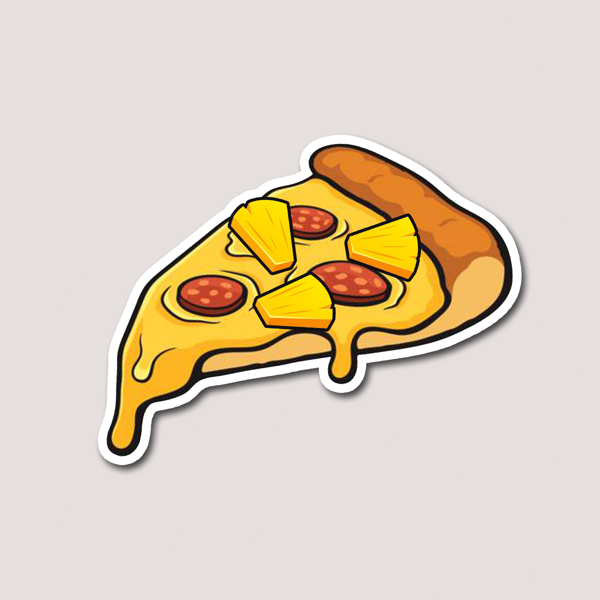 A sticker depicting a slice of pizza with pineapple and pepperoni toppings.
