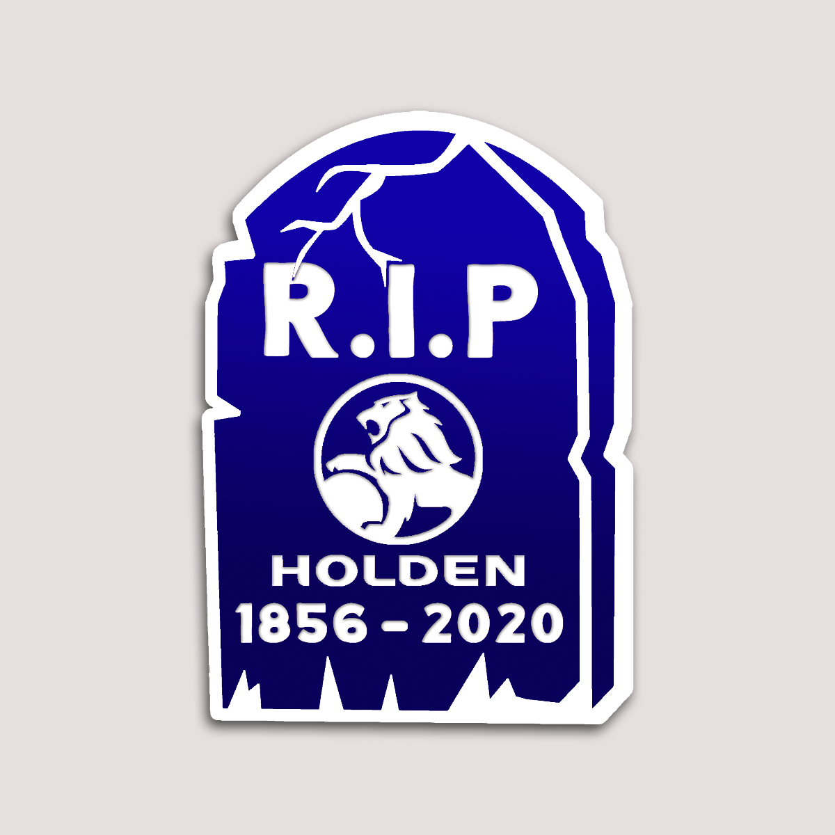 A blue vinyl sticker with a tombstone design, featuring the text 'R.I.P Holden 1856 - 2020'