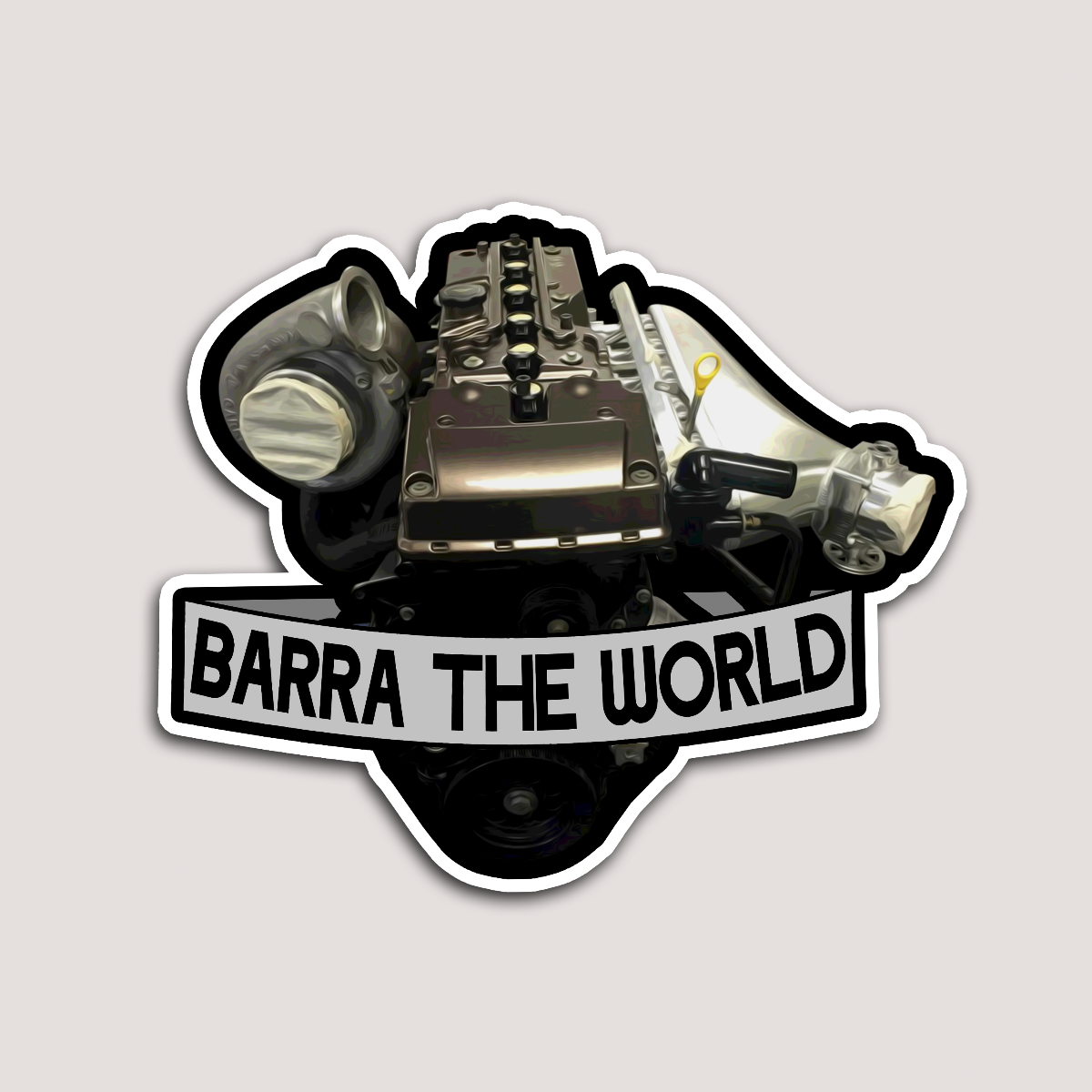 A sticker featuring an image of an engine with 'BARRA THE WORLD' written across the top.