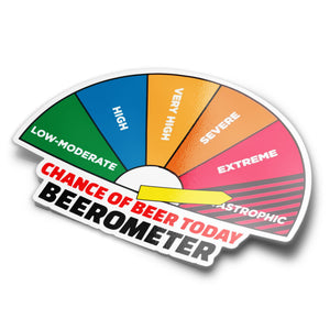 A sticker with a colour-coded beerometer design, ranging from 'Low-Moderate' to 'Astronomic', with the text 'CHANCE OF BEER TODAY' and 'BEEROMETER'.