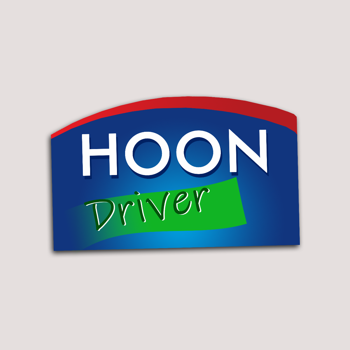 A sticker with a blue and red background and the text 'HOON Driver' in white and green letters respectively. Parody of Cheers Cheese.