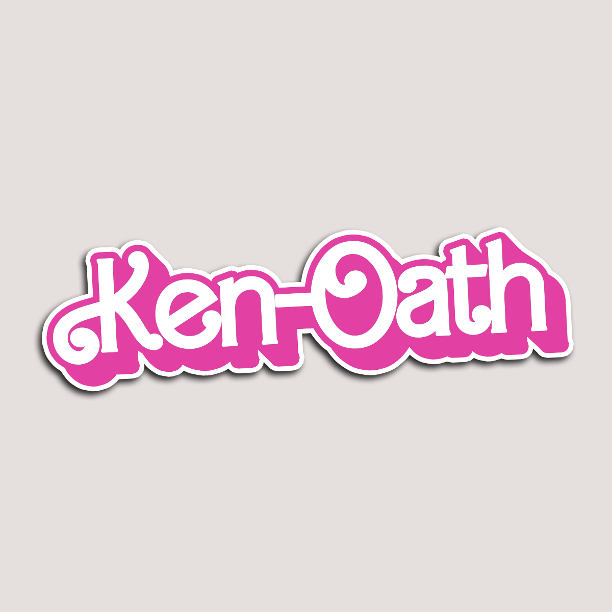A sticker with the text 'Ken Oath' in pink and white colors against a white background.