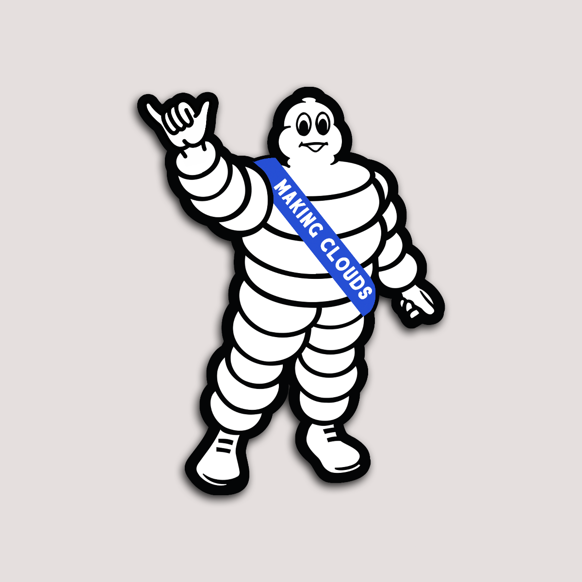 A sticker depicting a cartoon of a person with a cloud costume, raising one hand, with a 'MAKING CLOUDS' sash across the neck.