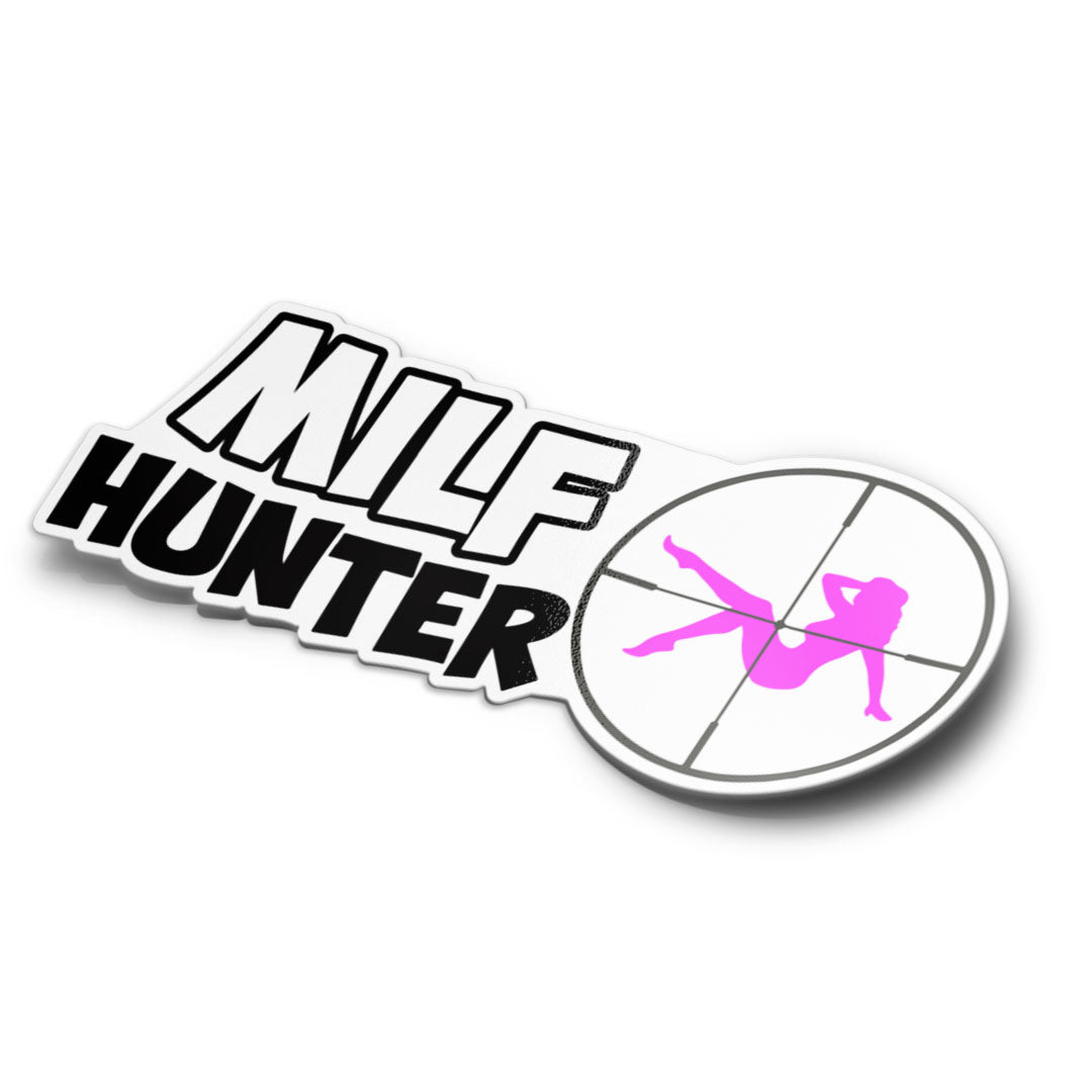 This image features a bold and humorous sticker from Stupid Stickers, called the "MILF Hunter" sticker. The sticker displays the phrase "MILF HUNTER" in large, black letters, with a graphic of a pink figure that adds a playful and visual element to the design.