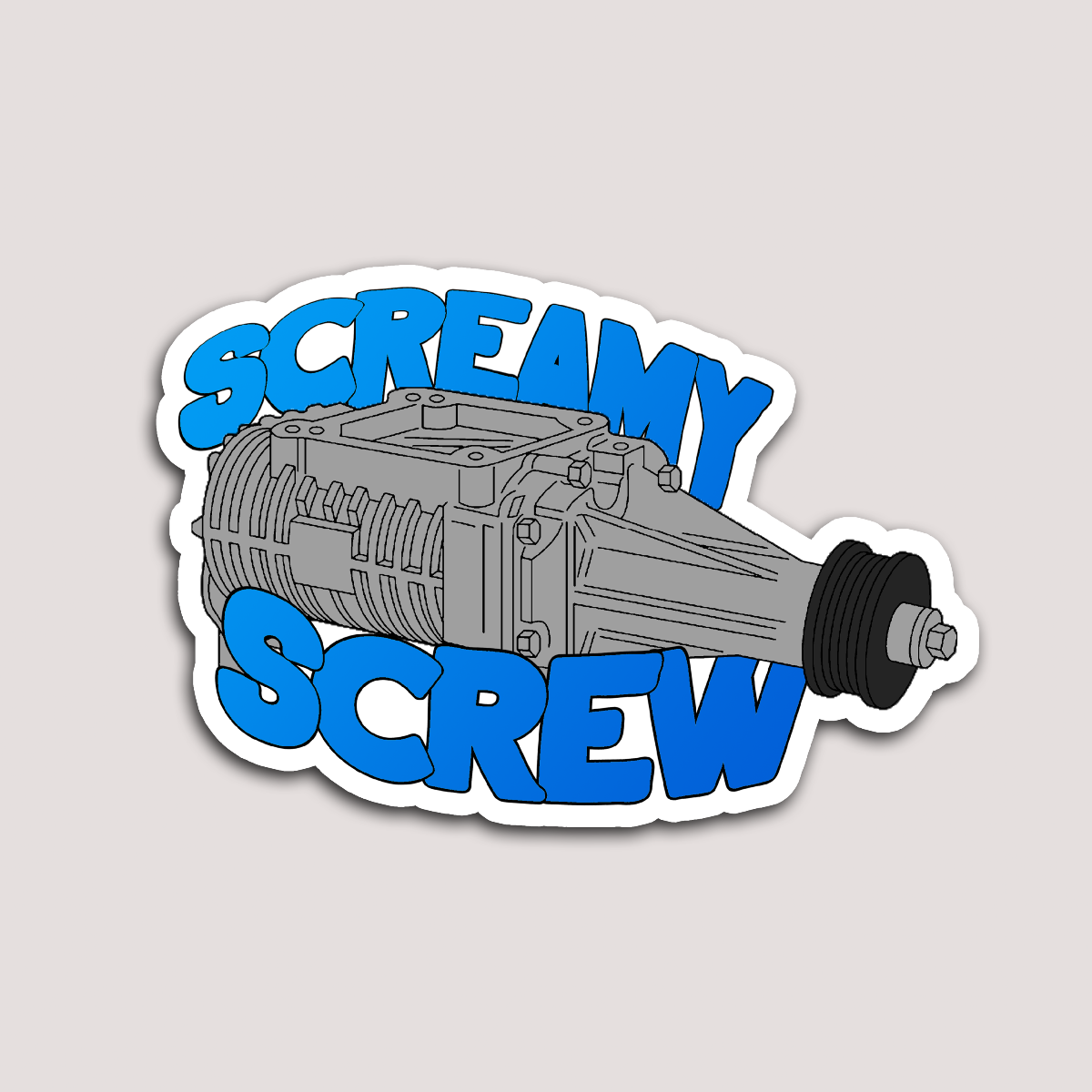 A sticker featuring a graphic of a car engine with the text 'SCREAMY SCREW' in bold, blue letters.