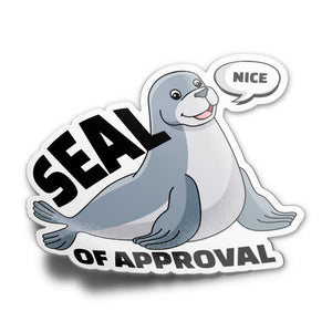 Mockup of a sticker featuring a cartoon seal with the phrase 'Seal of Approval' and the word 'NICE' spoken aloud.