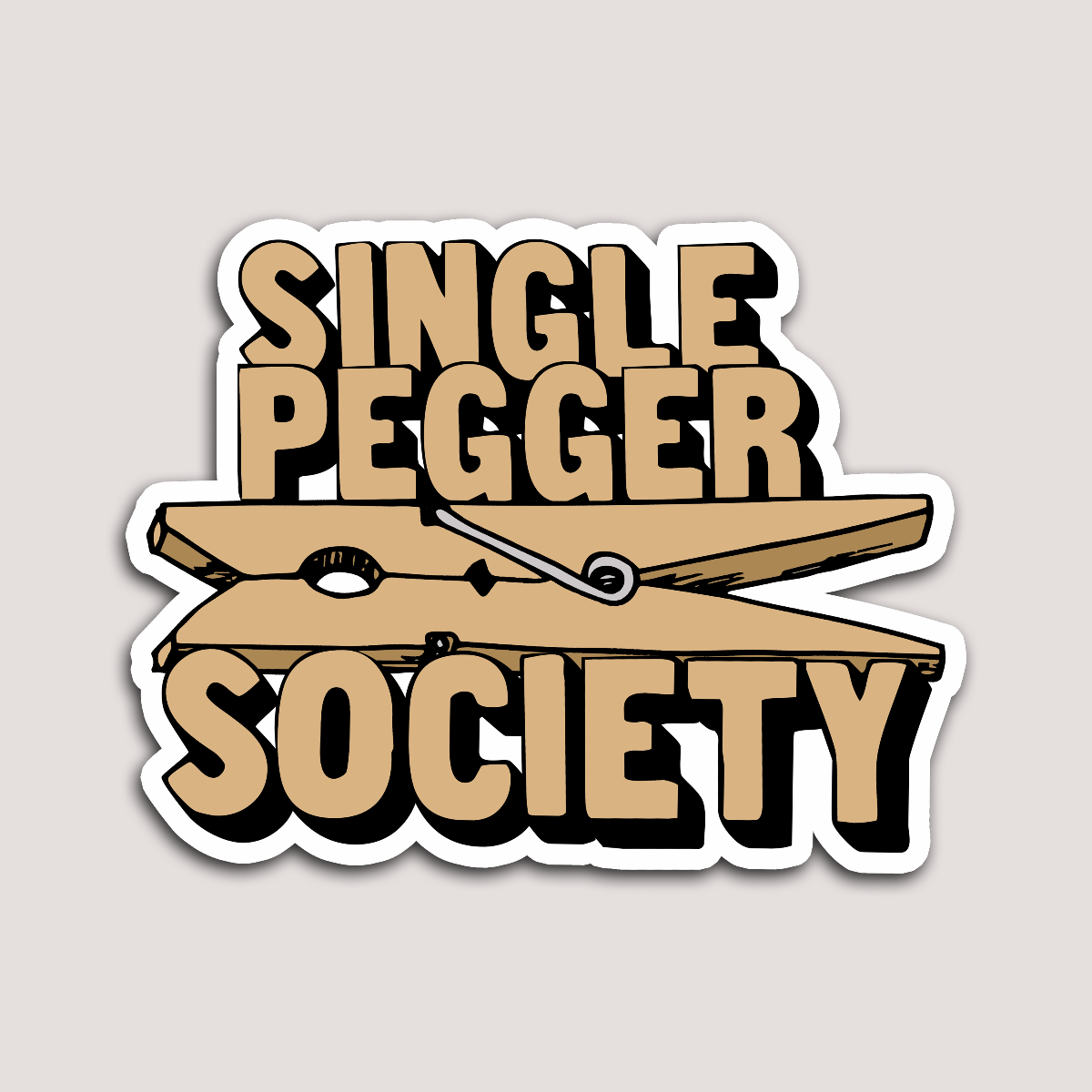 A sticker with a beige background featuring the text 'SINGLE PEGGER SOCIETY' in bold black letters, along with an illustration of a clothespin.