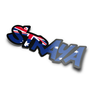 A sticker with the word 'STRAYA' designed in the colours and style of the Australian flag.