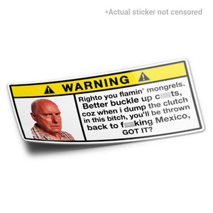 A mockup of a car sticker with a humorous warning label design, featuring text and alf from home and away face.