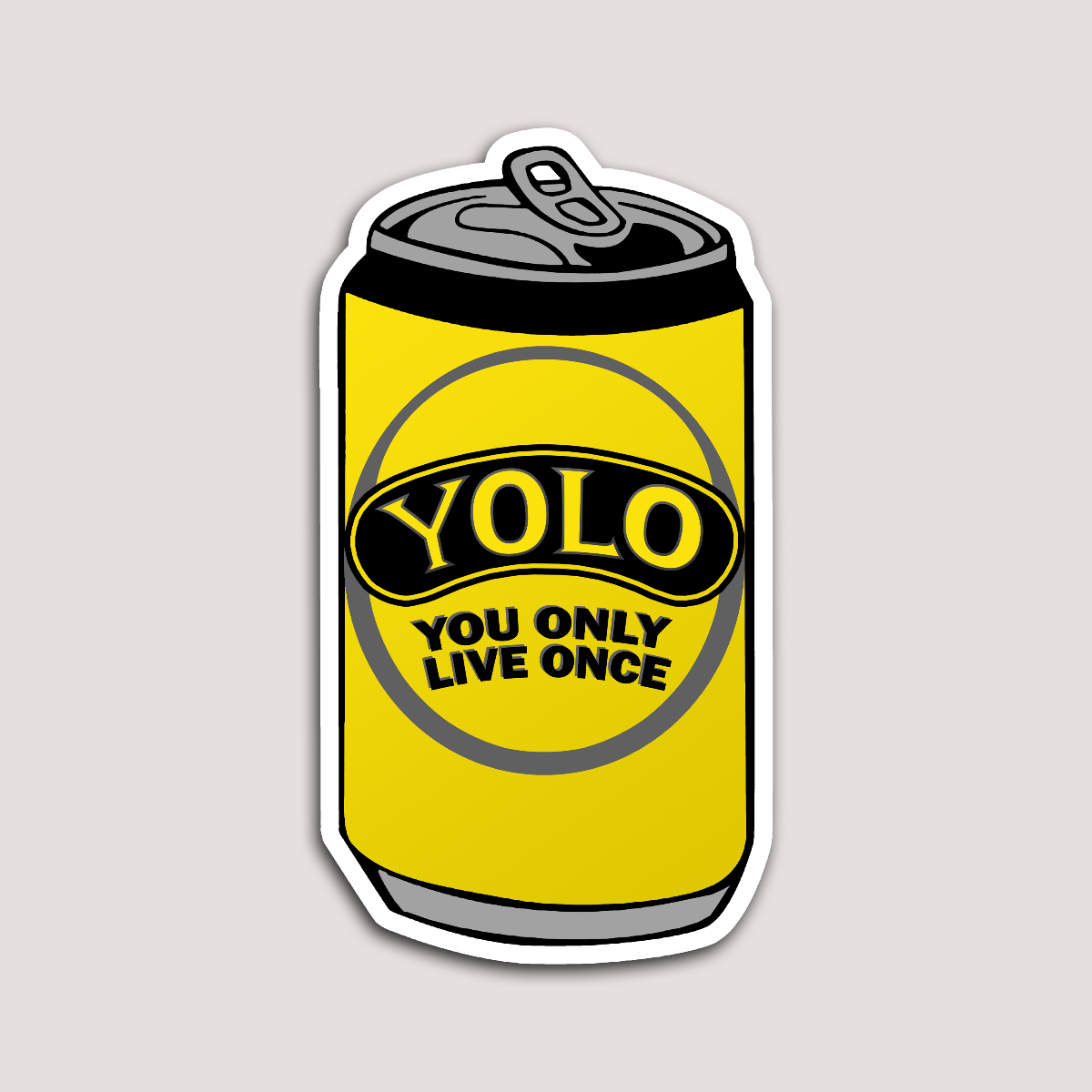 A sticker depicting a can with the text 'Yolo You Only Live Once' on a yellow background, resembling a soft drink can.