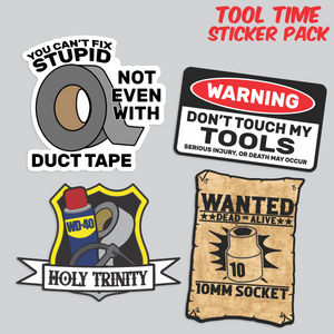 Set of humorous tool-themed stickers on a gray background