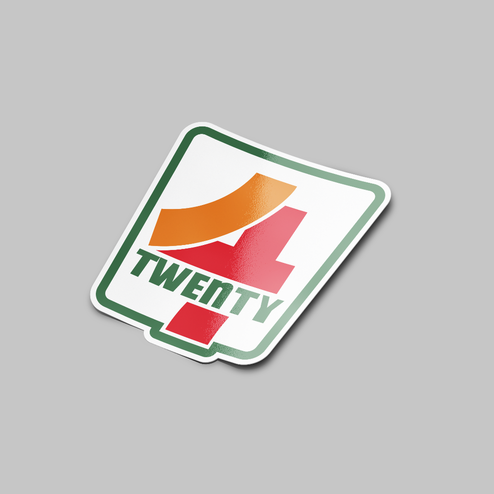 A sticker with a green and red border, featuring the text 'TWENTY' in large white letters and a graphic element that resembles a orange or yellow design inside the border.