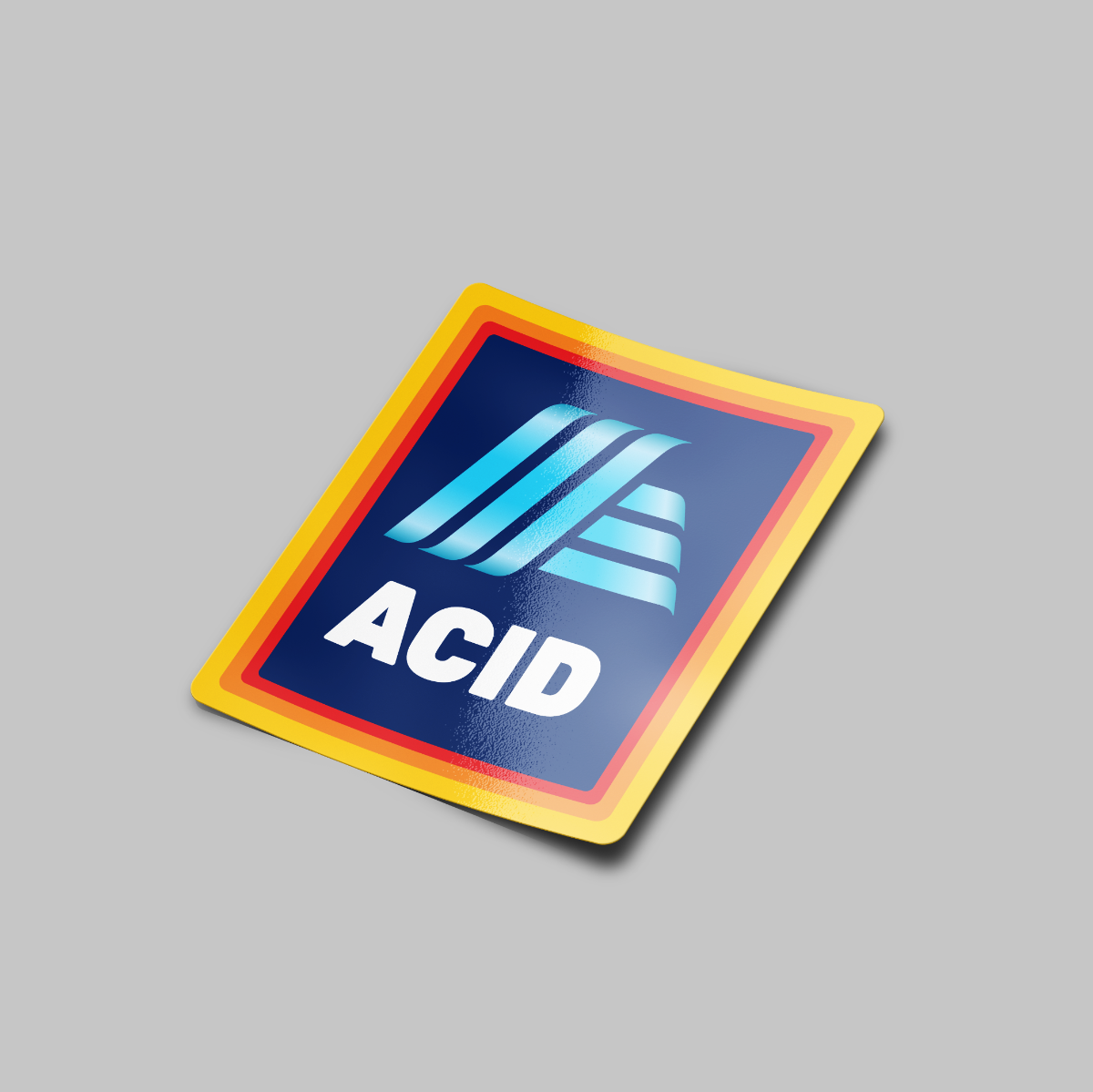A sticker with a multicolored border and the text 'ACID' in bold letters. Parody of the Aldi logo.