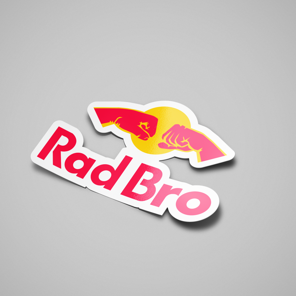 A sticker with a yellow and red design featuring text and a parody logo saying Rad Bro.