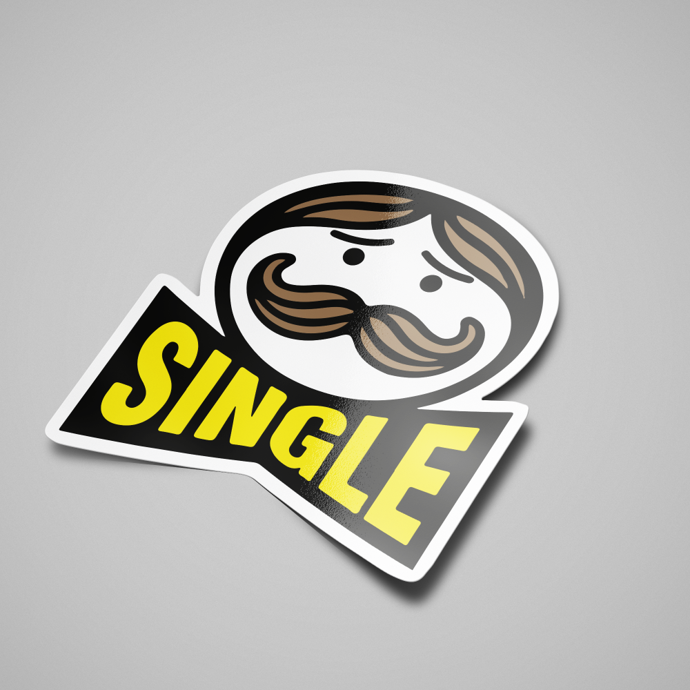 A sticker with a cartoon character's face and the word 'SINGLE' in bold letters. The character has a mustache and the background is plain.
