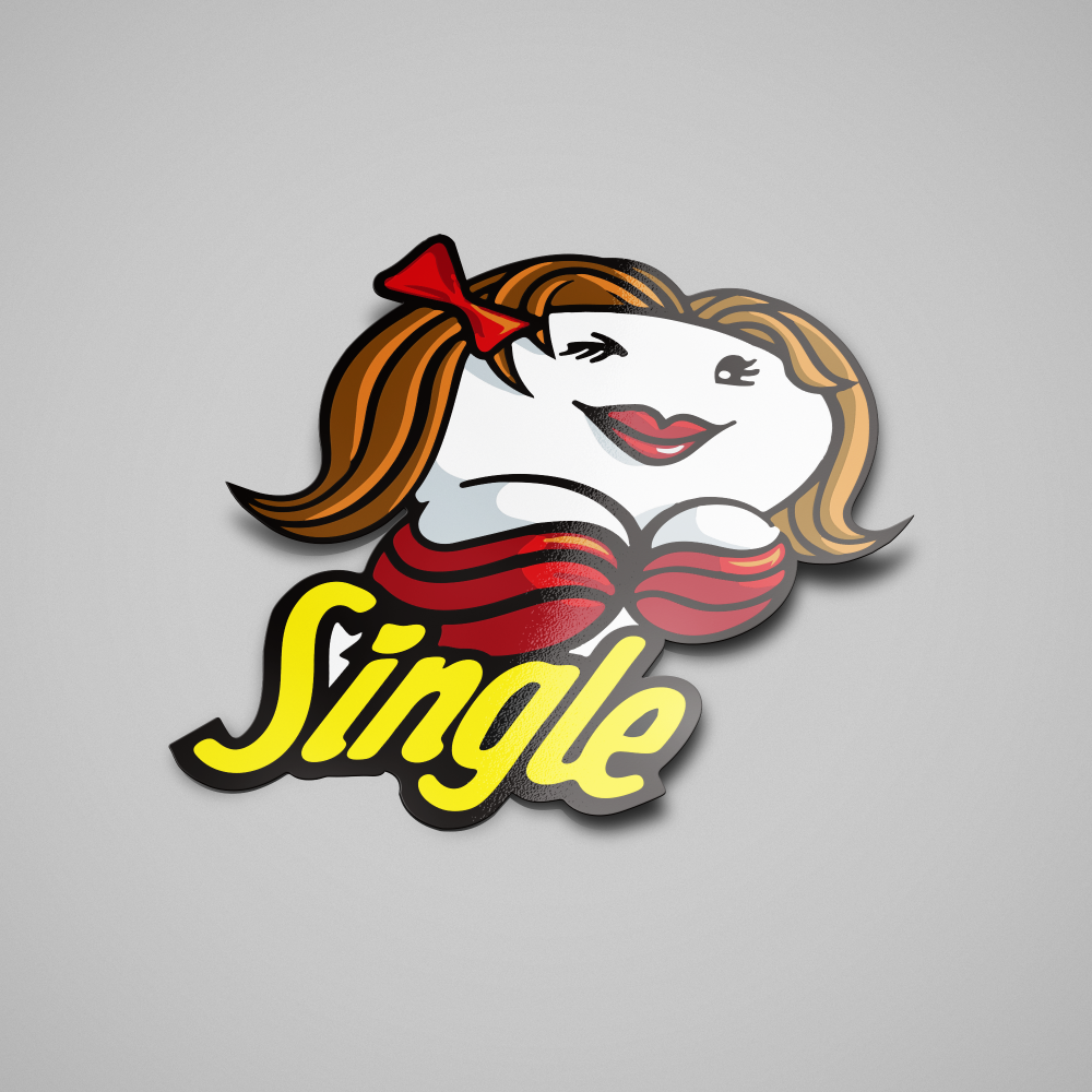 A sticker with a cartoon character design, predominantly featuring a female character with a red bow and yellow text that reads 'Single'. Parody of the Pringles logo.