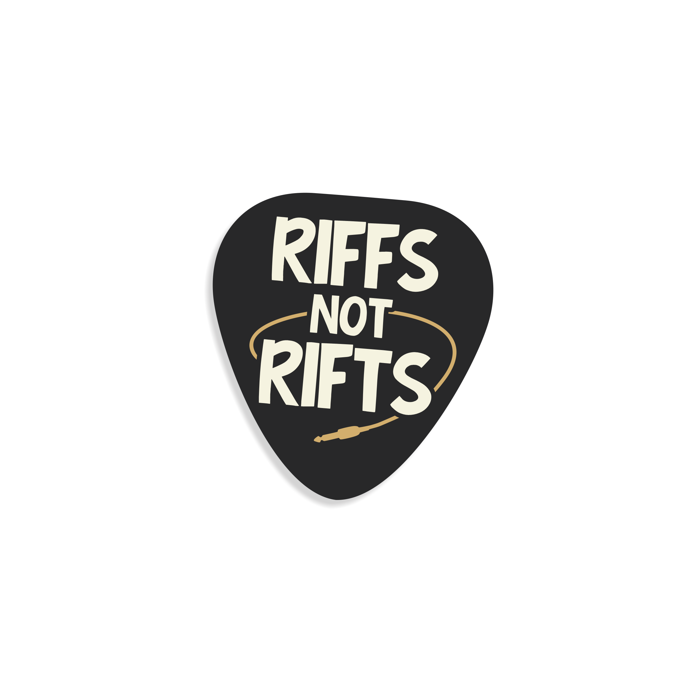 Black guitar pick with 'Riffs Not Rifts' text on a white background