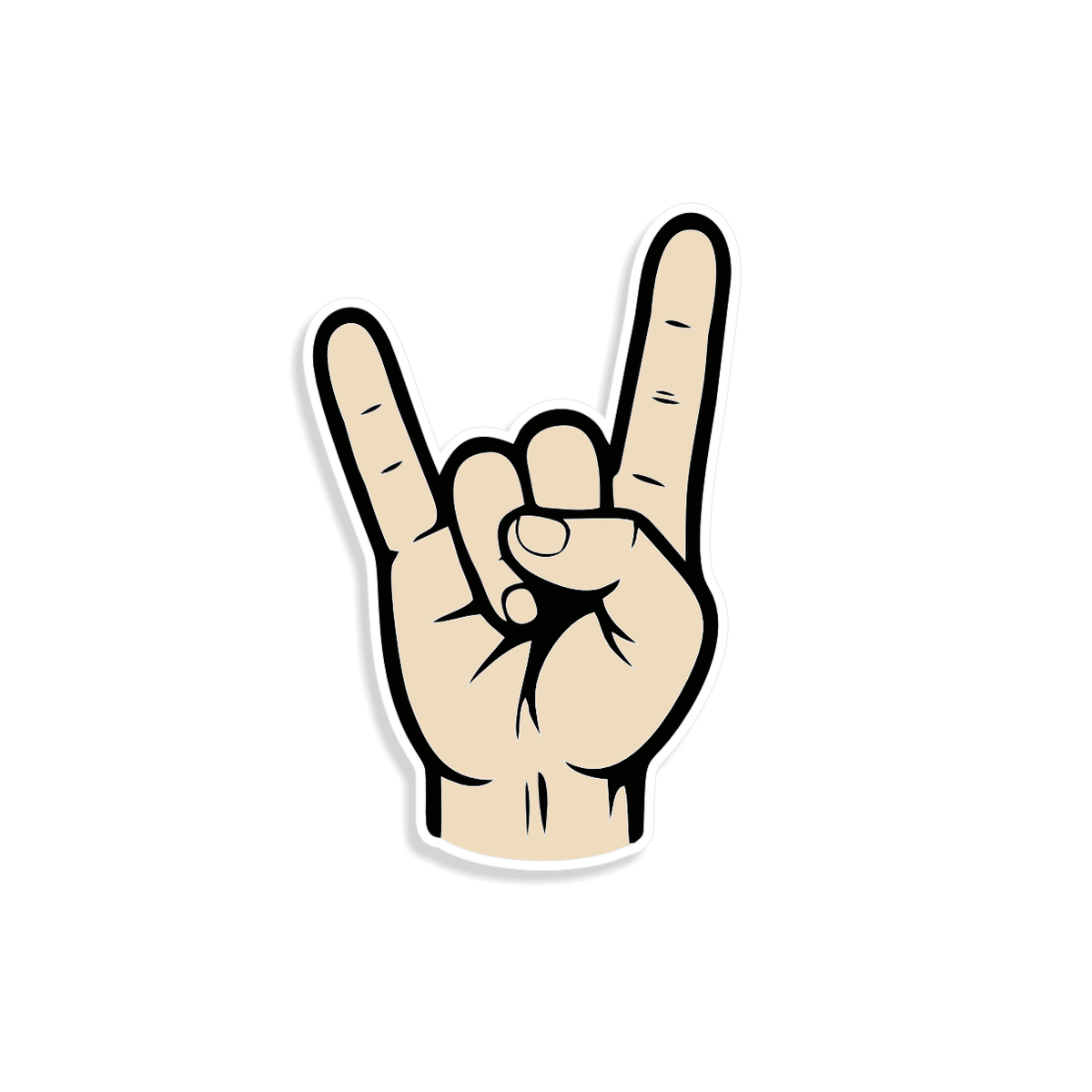 Rock On hand gesture sticker featuring a cartoon hand making the classic rock horns sign with a bold black outline.