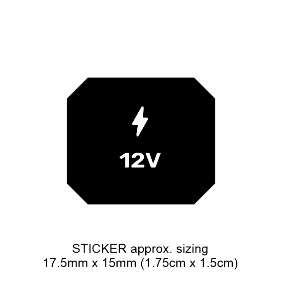 Black and white voltage indicator sticker with '12V' and lightning bolt symbol on a white background suitable to customise your switch panel