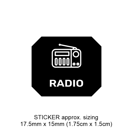 Black and white sticker with radio icon and text on a white background suitable to customise your switch panel