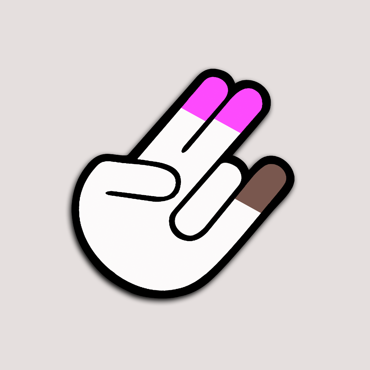 A sticker in the shape of a hand making a two-fingered gesture with a pink and white color scheme.