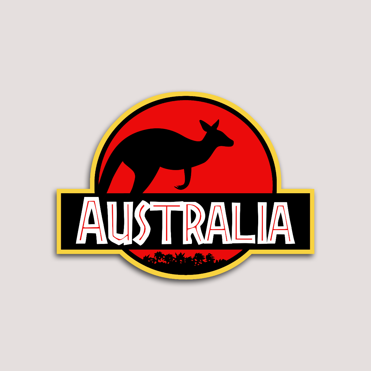 A sticker featuring a silhouette of a kangaroo with the word 'AUSTRALIA' written across in bold letters, set against a red and yellow background.