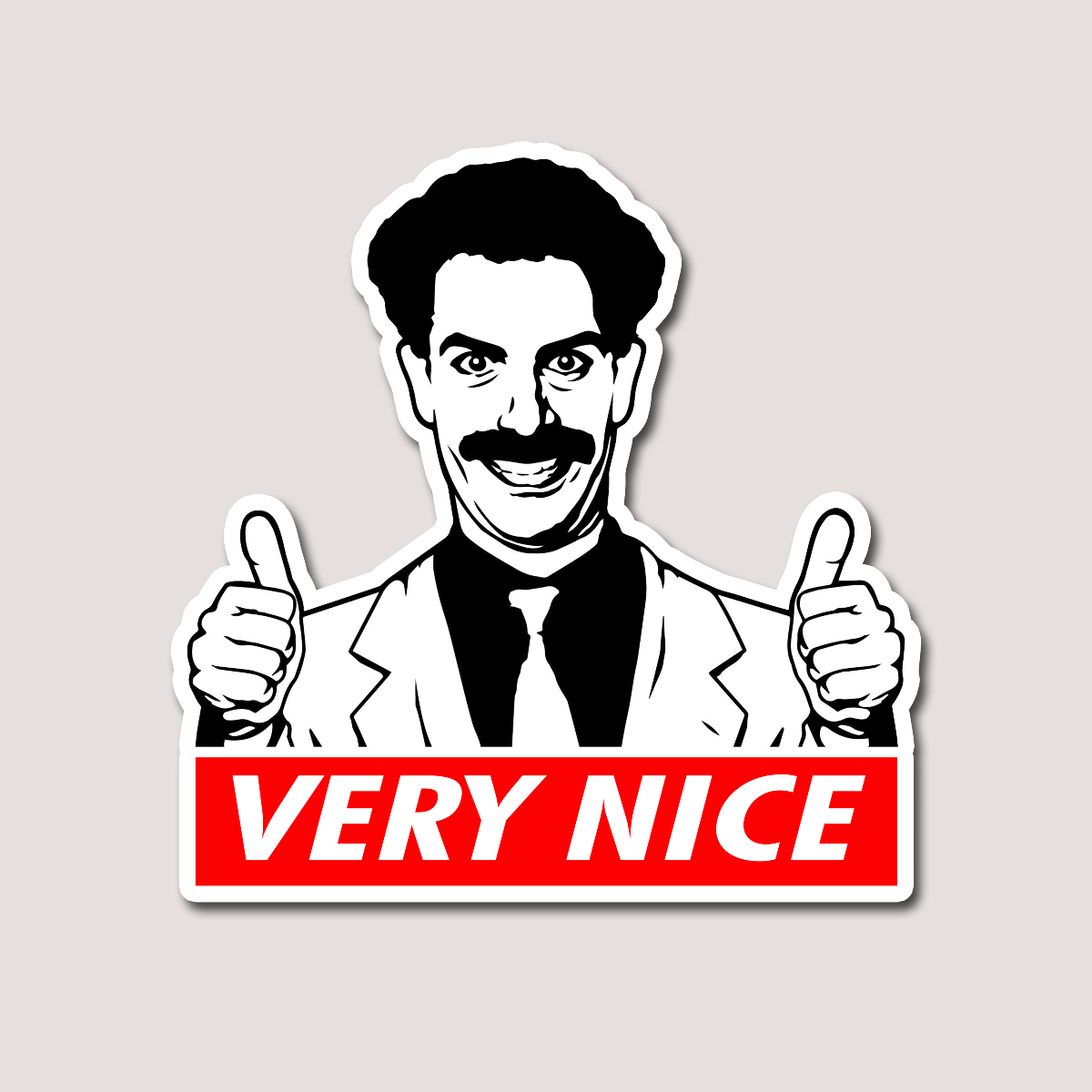 A sticker featuring a cartoonish man with a mustache in a suit, giving a thumbs up, with the text 'VERY NICE' in red below him.