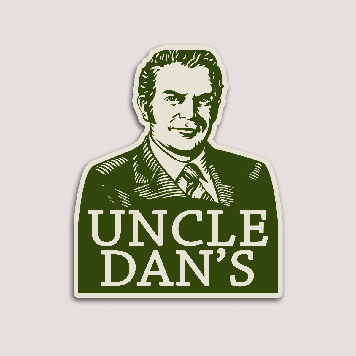 A sticker with an illustration of a man in a suit with the text 'UNCLE DAN'S'.