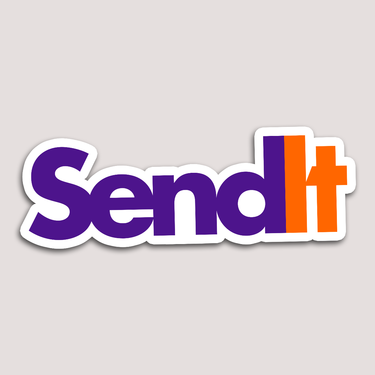 A sticker with the text 'Send It' in a bold purple and orange font.