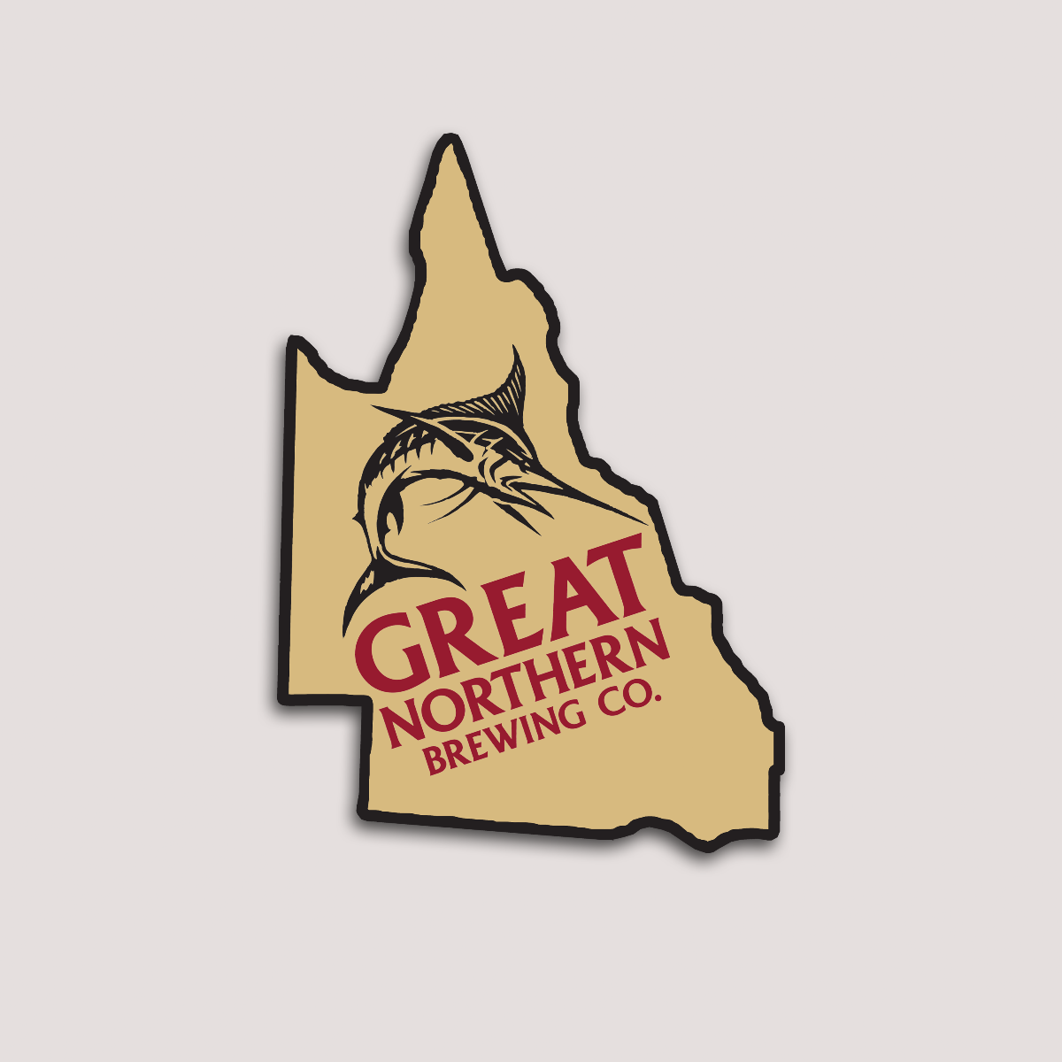 A sticker cut into the shape of Queensland, featuring a marlin fish and the logo 'GREAT NORTHERN BREWING CO.'