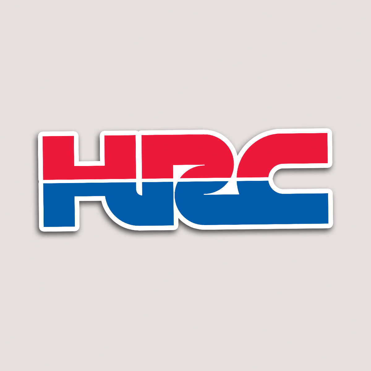 A sticker with the letters 'HRC' in red and blue colors, resembling the Honda Racing Corporation logo.