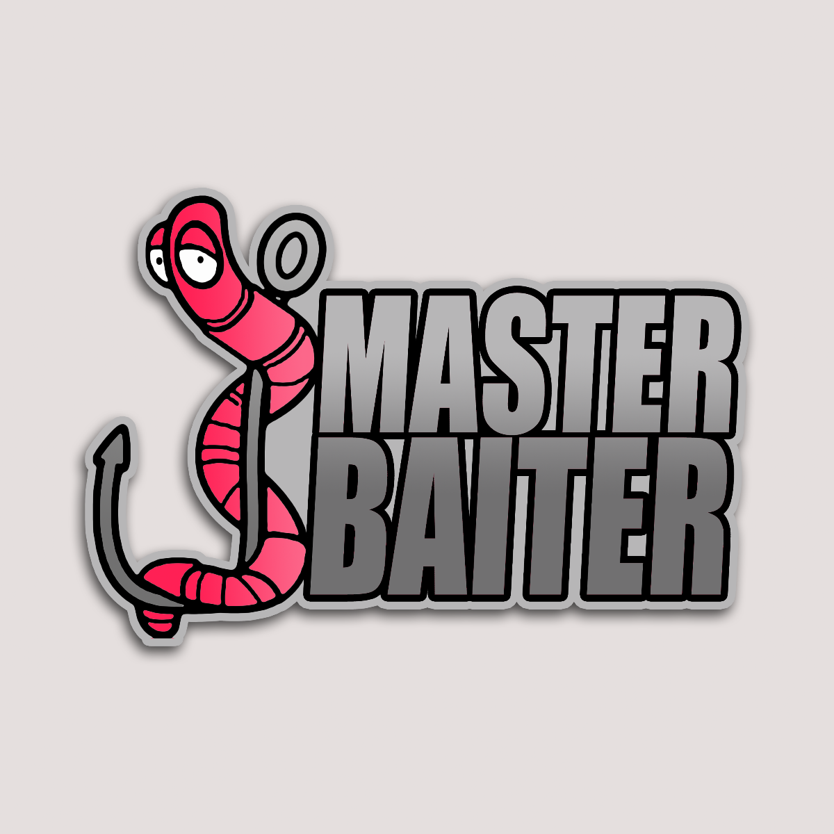 A sticker with a cartoon illustration of a red worm on a fishing hook with the text 'MASTER BAITER' in bold, gray letters.