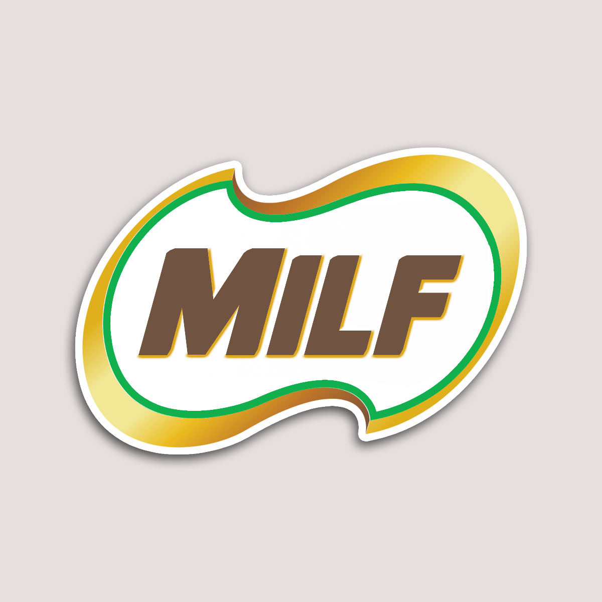 This image features a sticker with the word "MILF" prominently displayed in the center. The sticker has a vibrant, eye-catching design with a golden yellow border and a green highlight behind the letters, giving it a bold and humorous appearance.