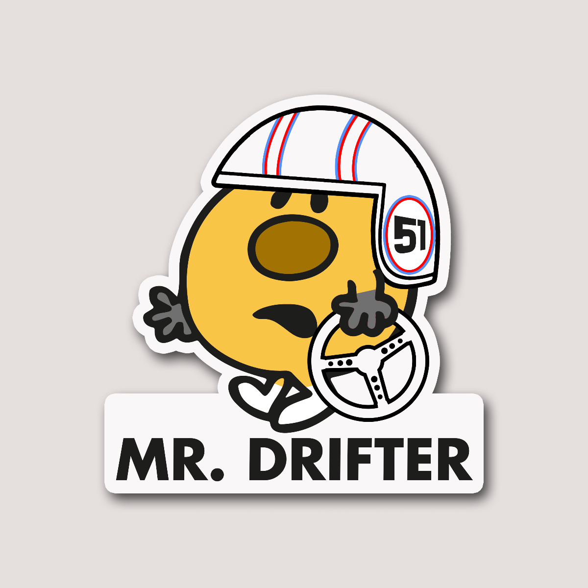 A sticker featuring a cartoon character with a helmet, labeled 'MR. DRIFTER'.