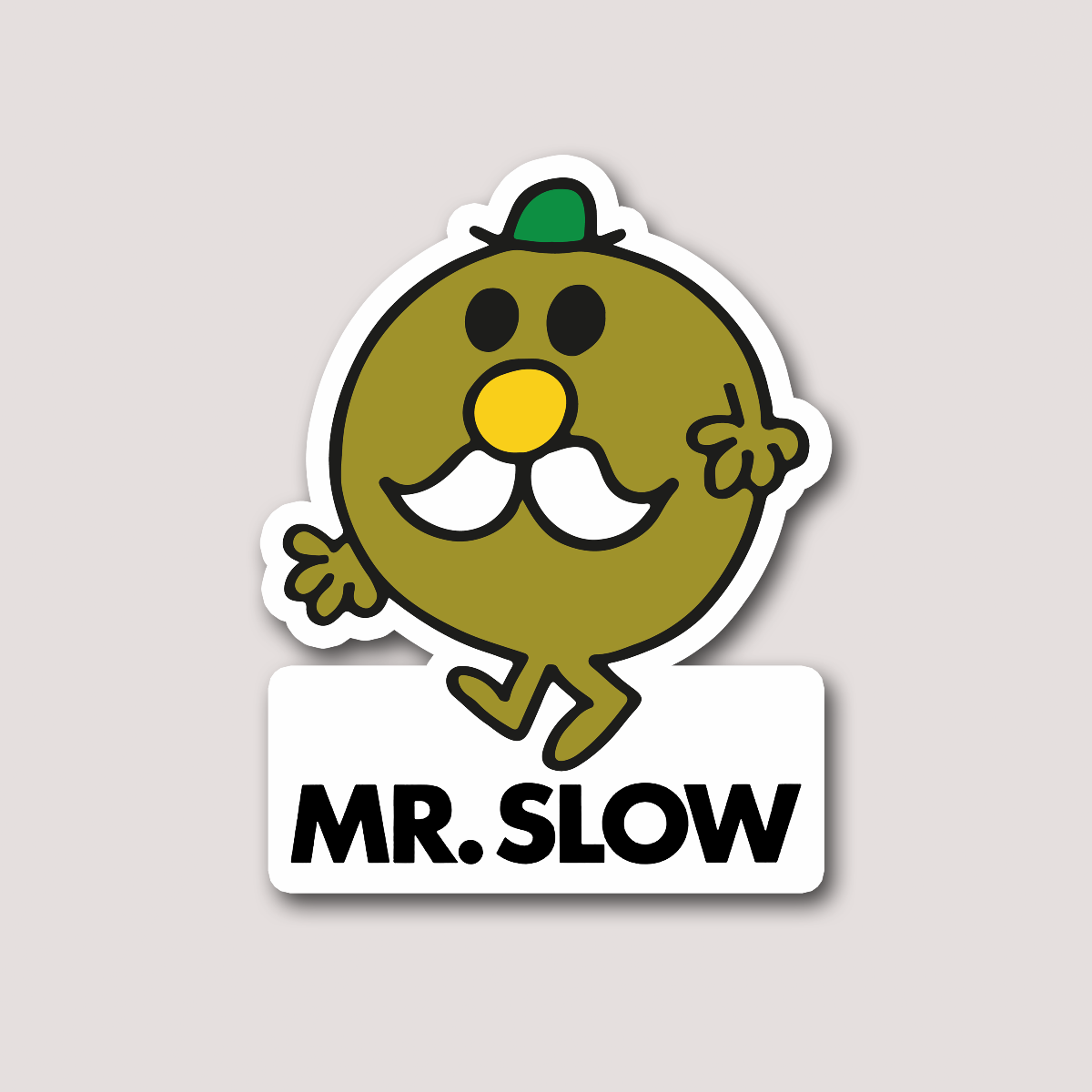 A sticker featuring a cartoon character with a mustache and a green hat, labeled 'MR. SLOW'.